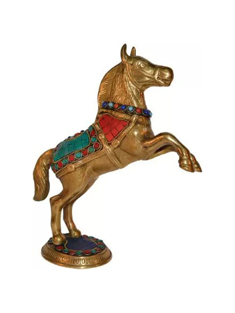 Jumping Horse Statue Made in Brass Metal in Turquoise by Aakrati