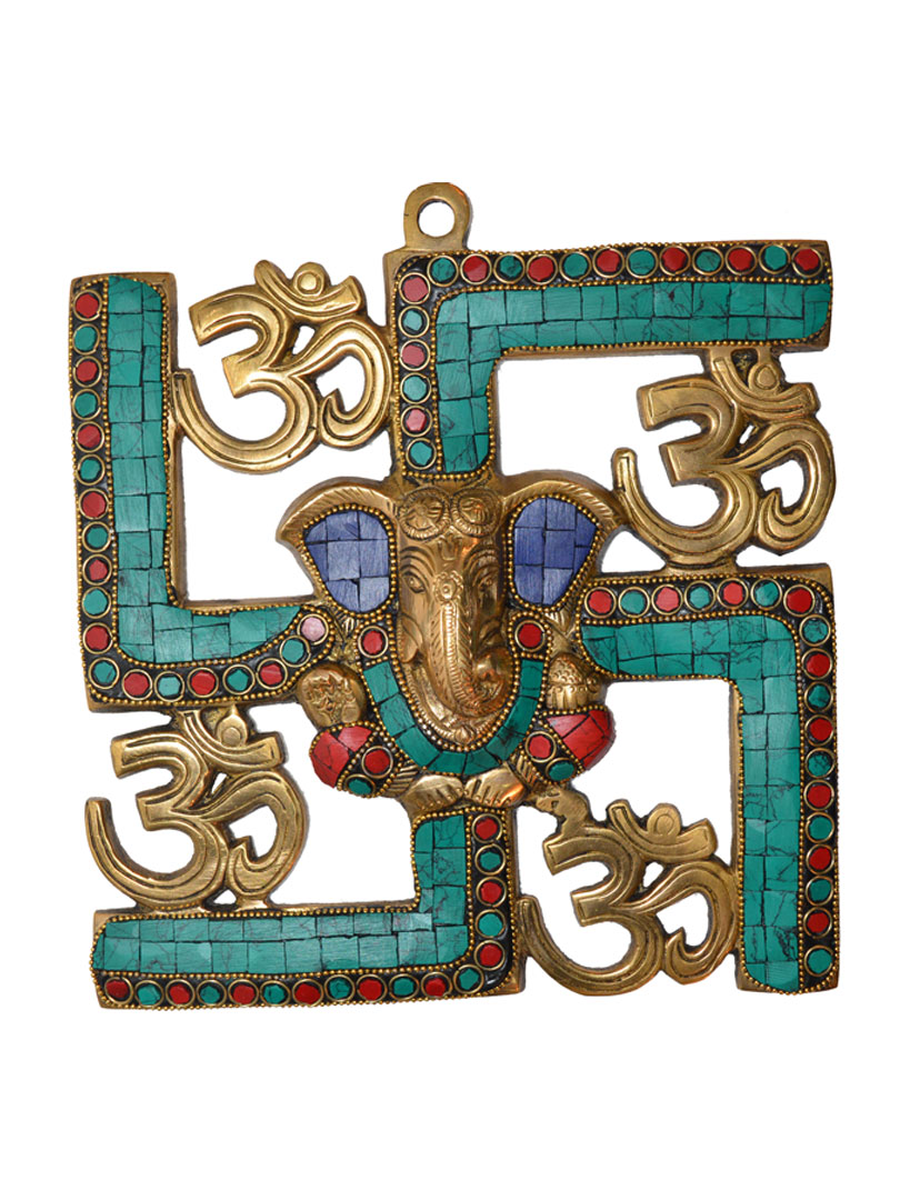 Ganesha and Swastik Brass Wall Hanging/wall Decor Turquoise work