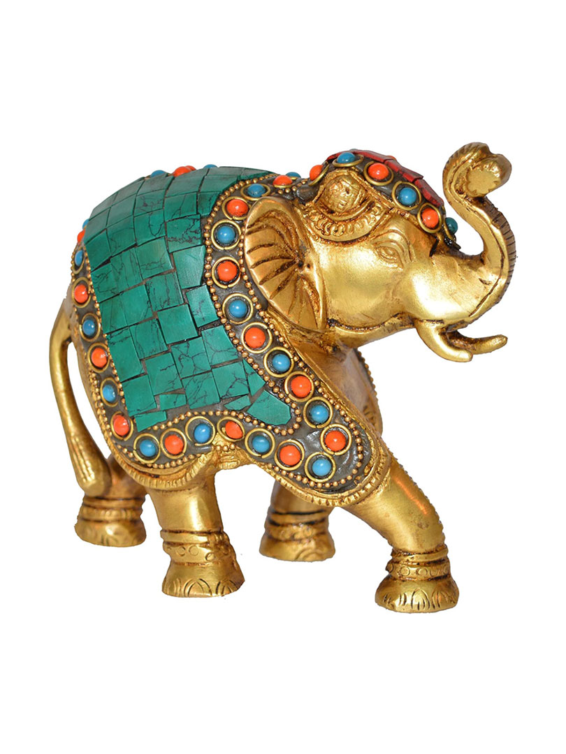 Trunk up Elephant Figurine with Turquoise Gemstones Handwork