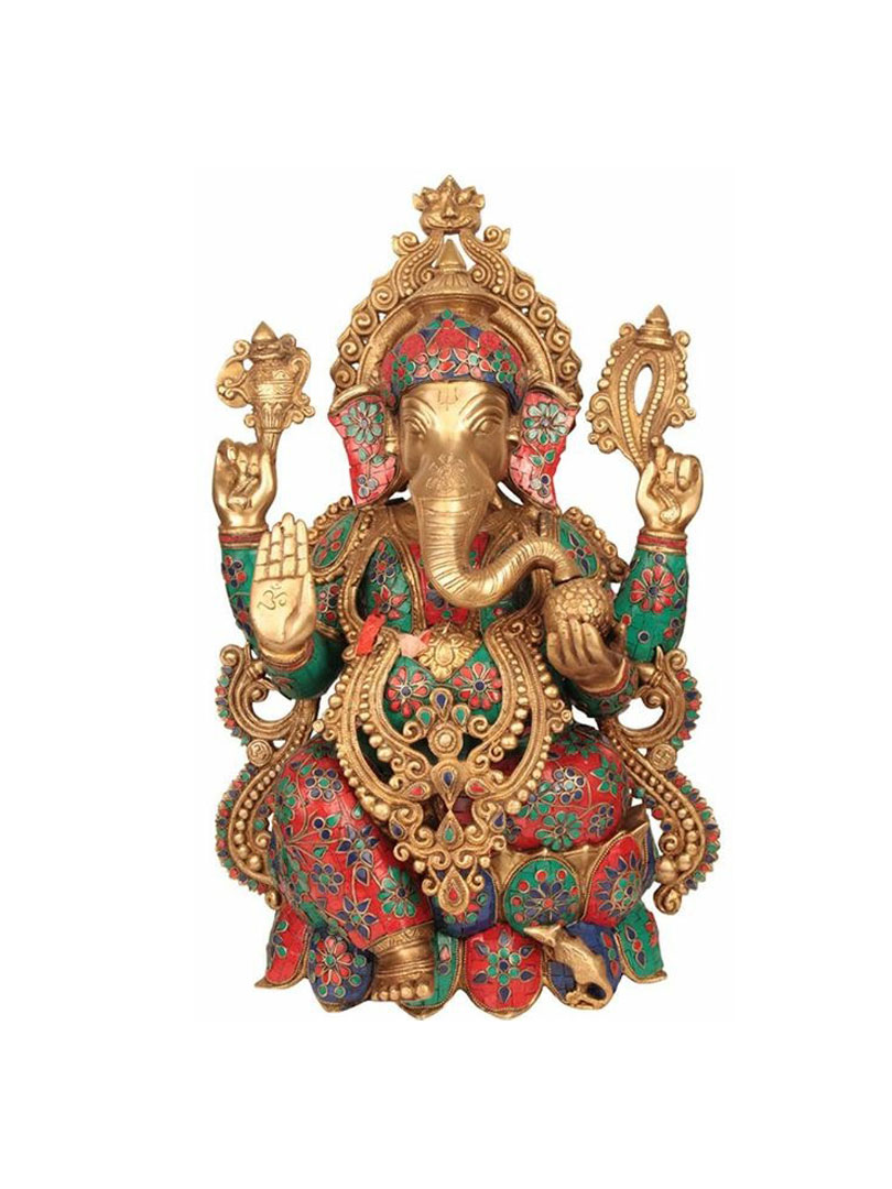 Brass Ganesha Statue Large with Mosaic Stonework, 53 cm Big Large Size Brass Ganesh Sculpture, House warming gift, Hindu wedding gift.