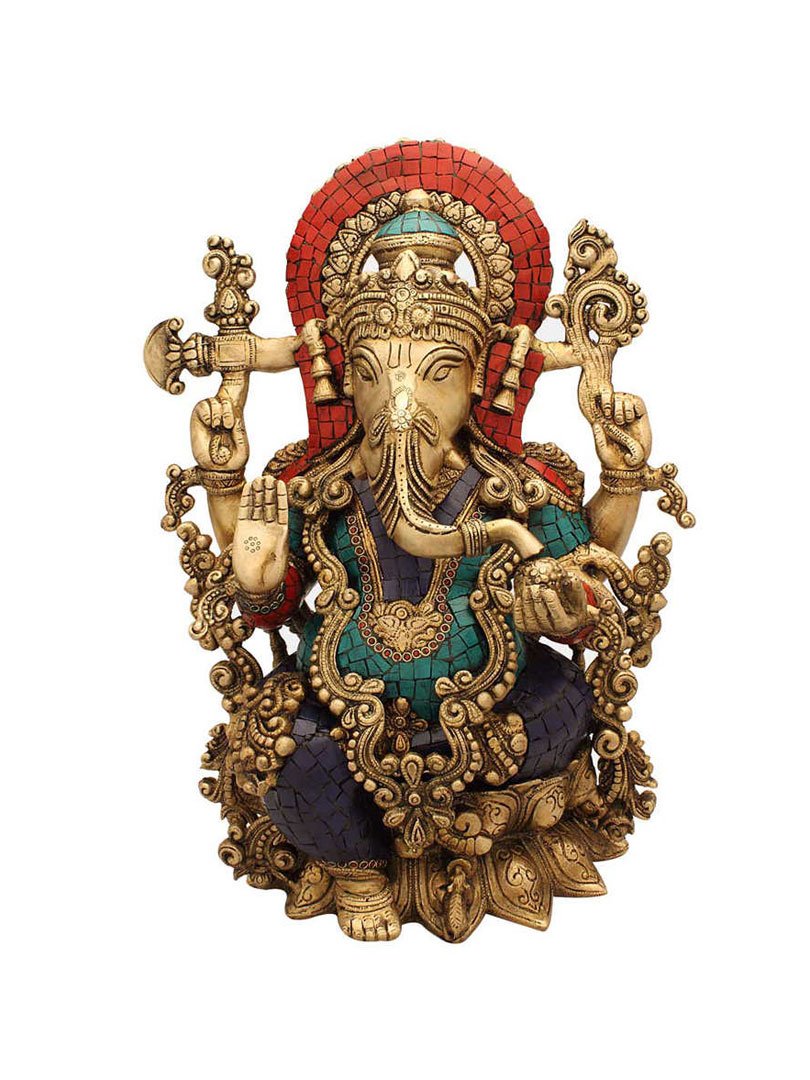 Ganesh Sculpture Turquoise Coral Stone Finish