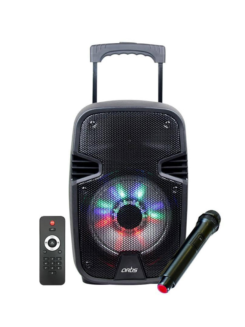 Artis Bluetooth Trolley Speaker with Remote | 40W output with Flashing lights | Wireless Mic included | Supports USB, FM Radio, TF card, Aux in, Mic