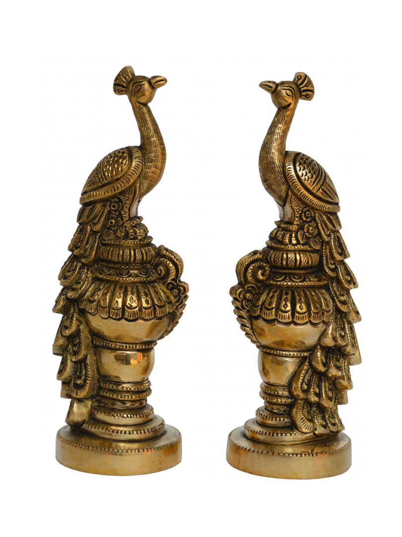 Aakrati Pair of Handmade Small Sitting Brass Peacock Figurine Showpiece