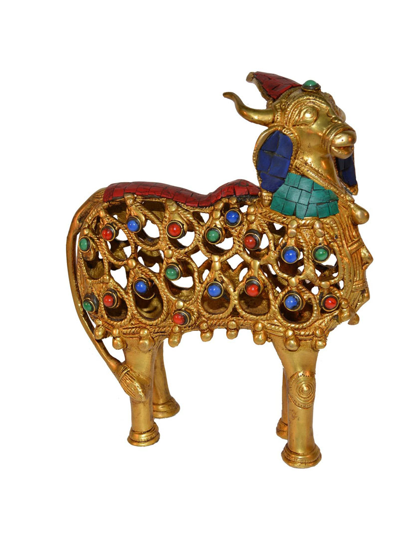 Turquoise work Brass metal Cow sculpture by Aakrati