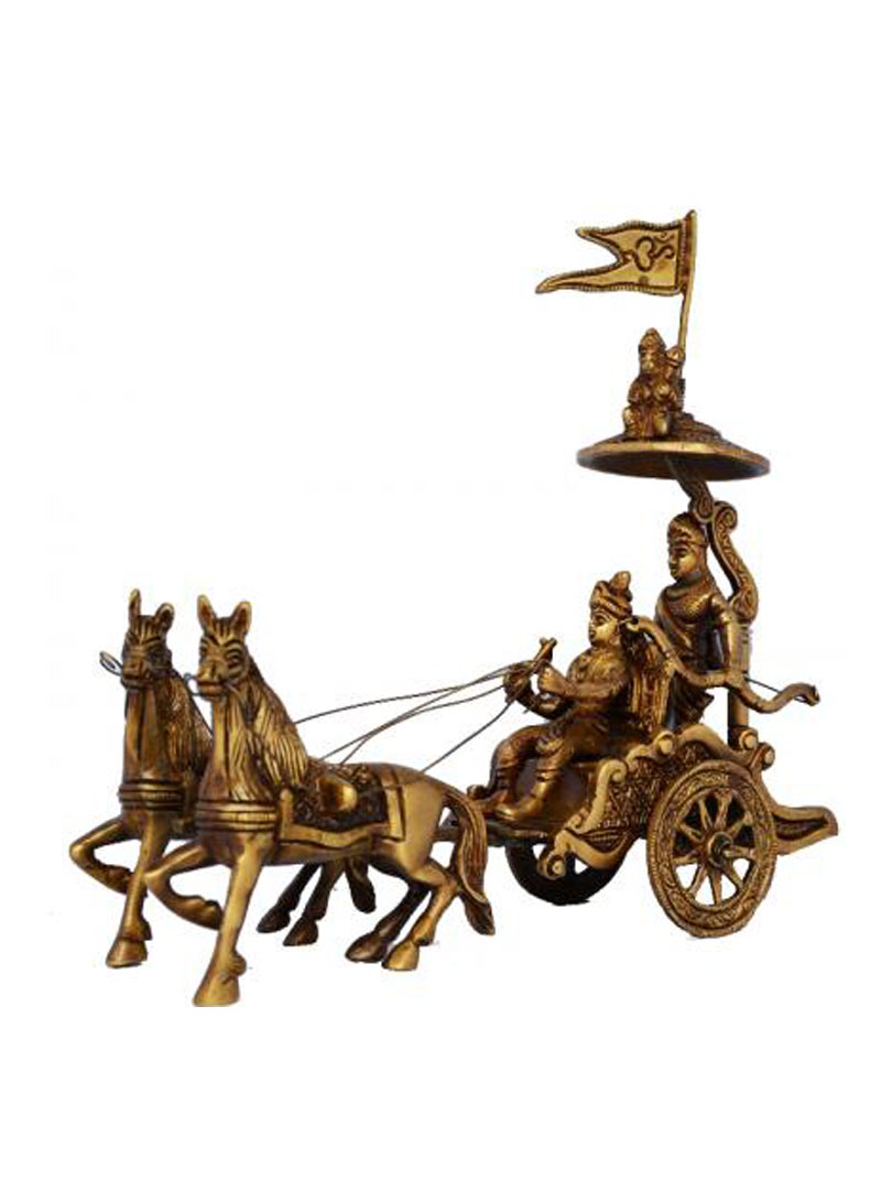 Chariot - Horse Cart - Arjun Rath at The Time of Geeta Shar in Mahabharat War Light Brown Antique Finish - Metal Brass Home and Office Table Decor Gift