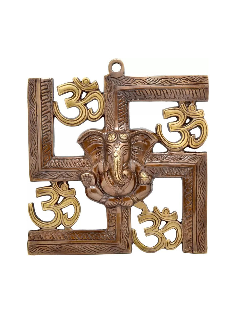 Ganesha and Swastik Brass Wall Hanging/wall Decor Turquoise work