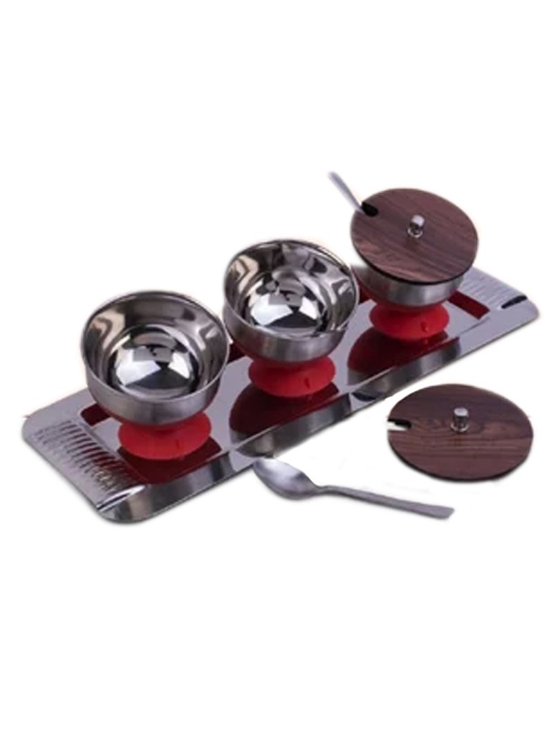 Set of 3 Spill Proof Bowls with Stainless Steel Tray | Wooden Lids & SS Spoons included