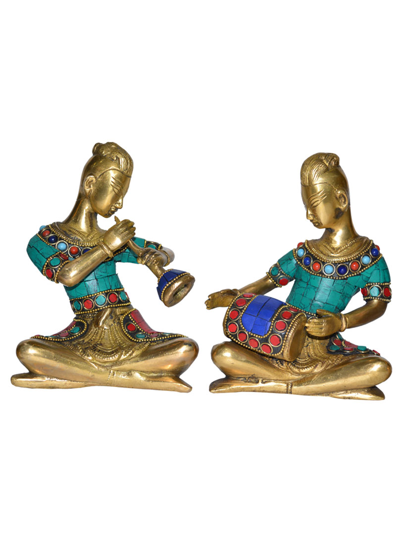 Home DÃ©cor Indian Art Brass Musician Figurine with stone work