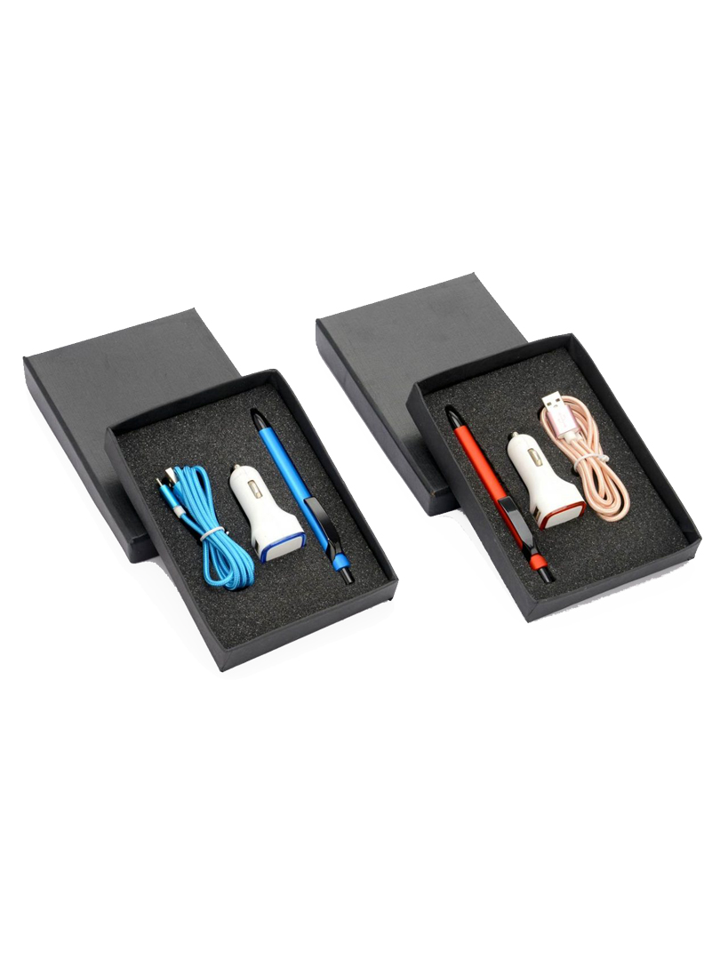 Brandboost Tech set: Set of 2 side Data Cable with Light (C49), Dual car charger (C09) and Flat oval pen (L140)