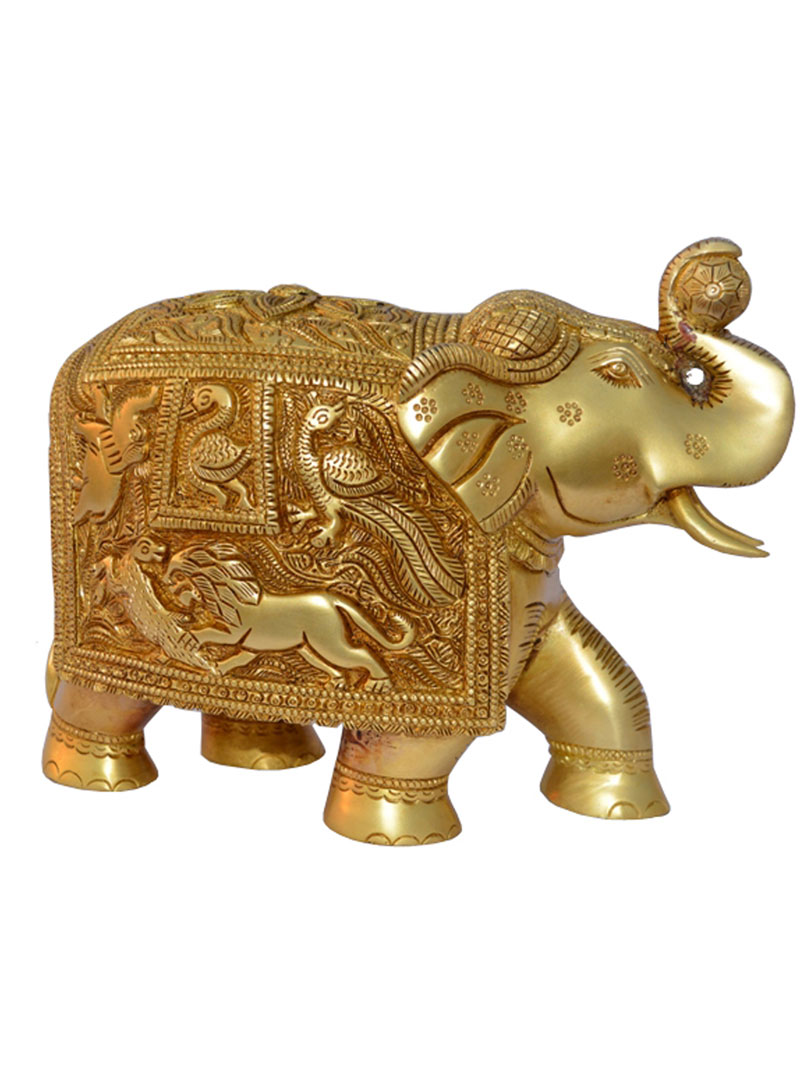 Royal Brass Elephant animal Decorative Statue with engraved figures