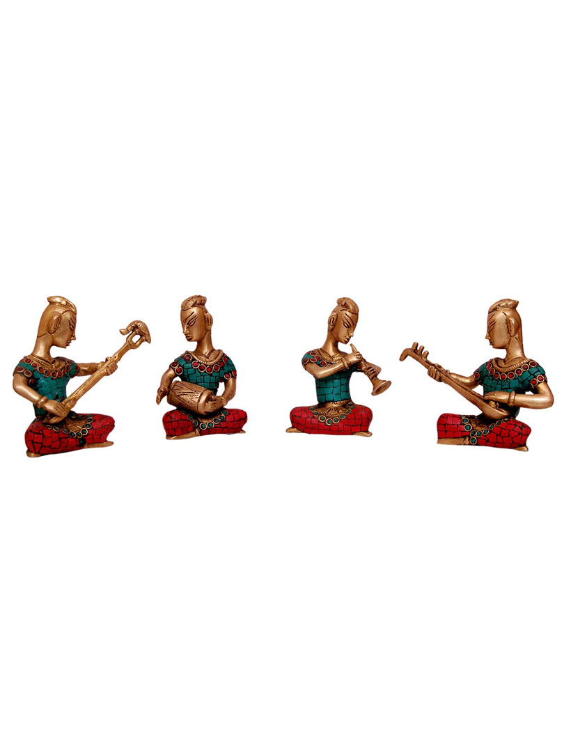 Aakrati Set of Four Musicians Brass Statue in Coral Stone Work - Metal Statue