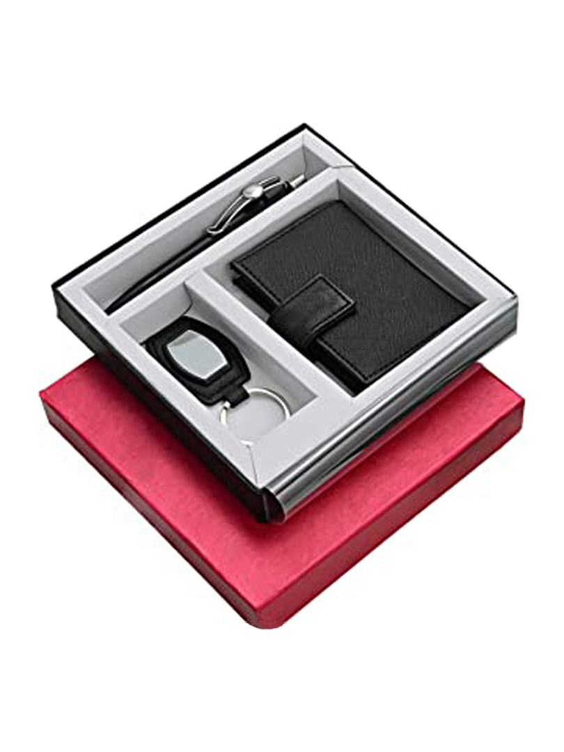 Set of 3 : Barrel PU Keychain (J71), 3 in 1 wallet (For cash, cards and visiting cards) & Highway Satin pen (L131)