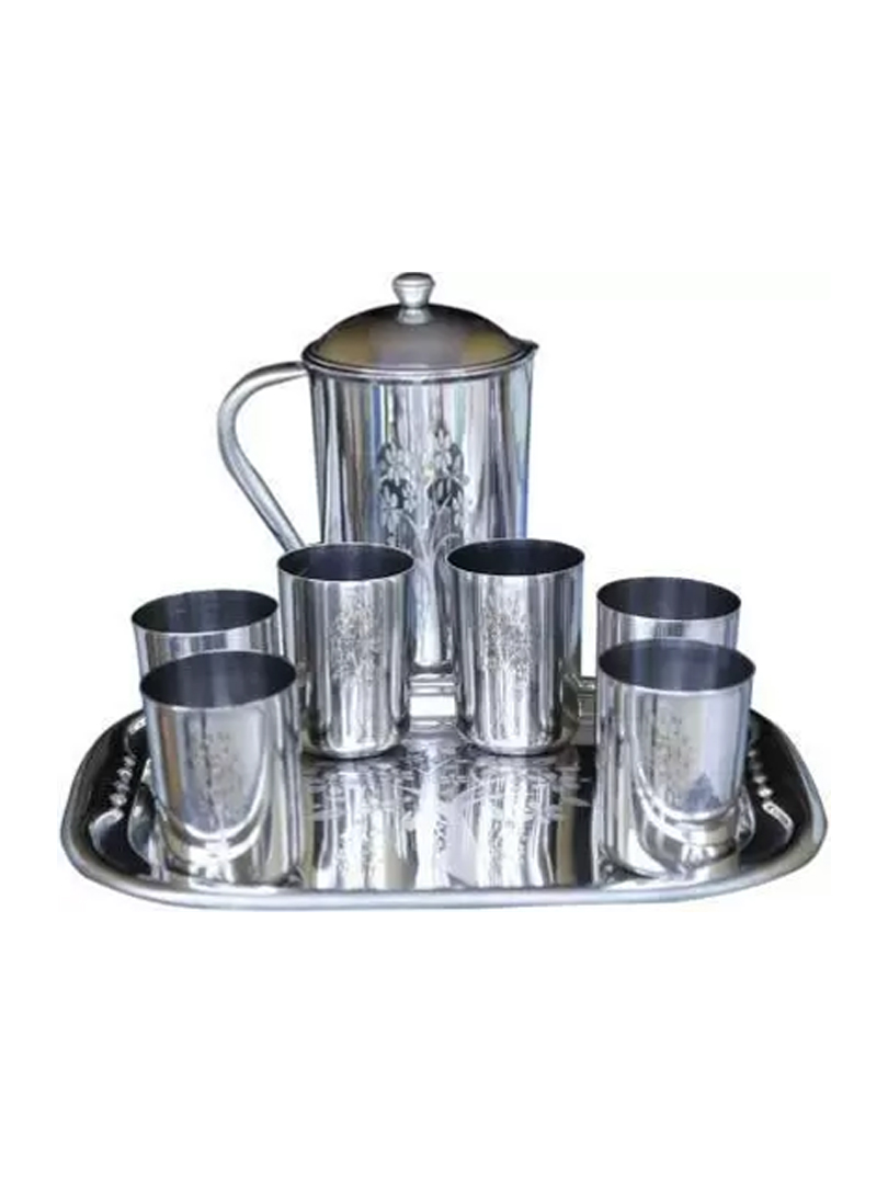 Juice Set: Stainless Steel serving Jug with 4 Premium glasses and Serving Tray