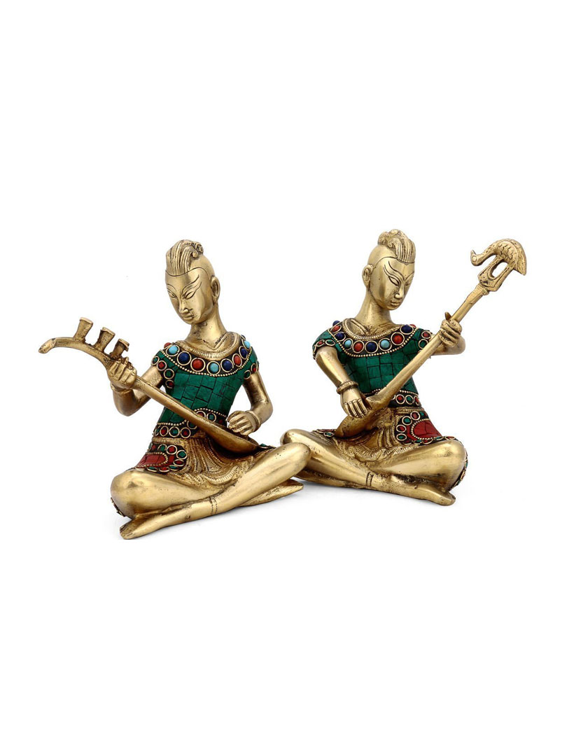 Turquoise Tribal Musician Figurine With Stone Work Set of 2 Pcs