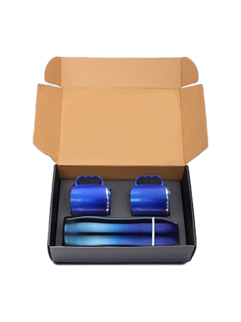 Set of Blue Bullet Vacuum Flask with 2 Stainless steel cups in Gift box | Metallic finish cups