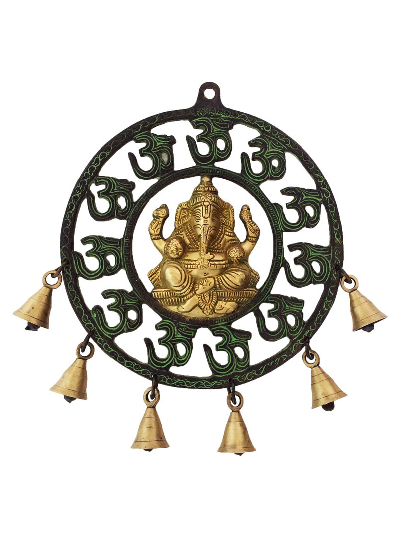 Aakrati Wall Hanging Double Finish Om Ganesh with Bells - Religious Hindu Lord Metal Brass Wind Chimes