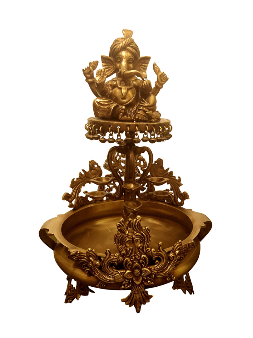 Brass made event decor floating candle stand - Urli with Lord Ganesha figure on it