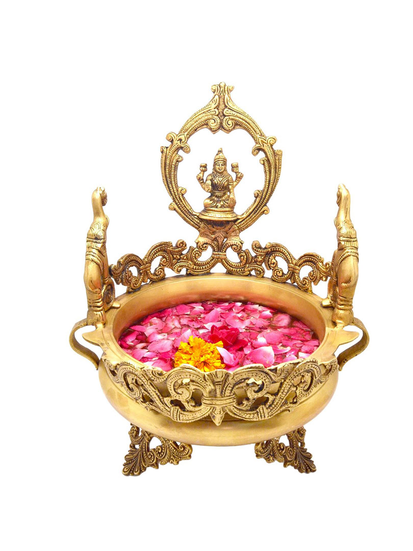 Flower pot with Goddess Lakshmi Idol gold Brass Hand Carved Urli