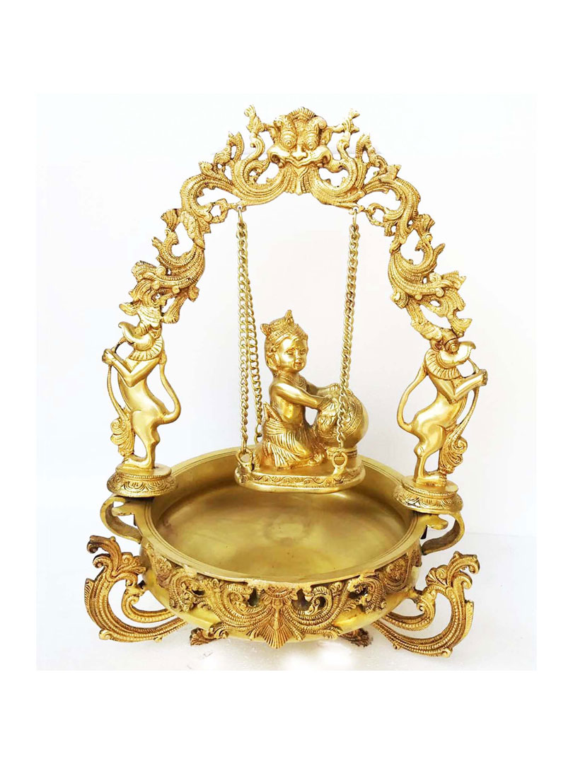 Urli with decoration Brass Made Baby Krishna on swing figure Home office table Decor Decorative Urli