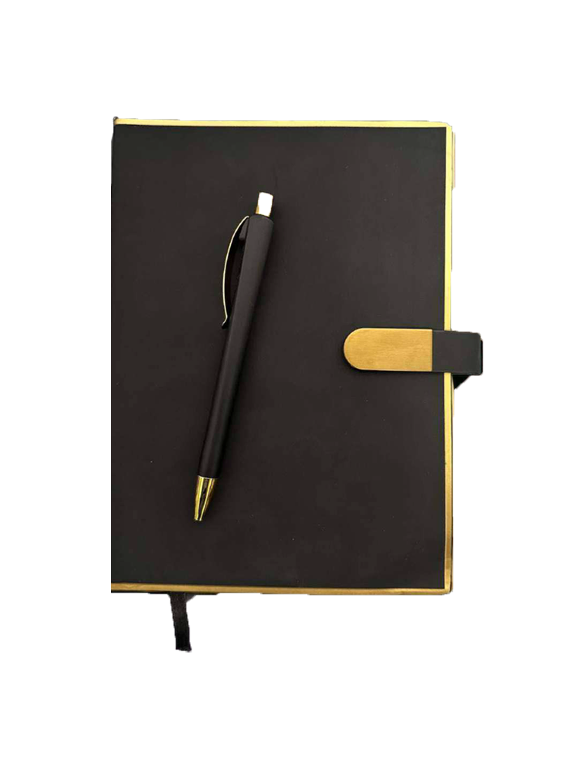DIARY D164 NOTEBOOK WITH PEN SOFT BOND MAGNETIC FLAP BLACK AND GOLD THEME 