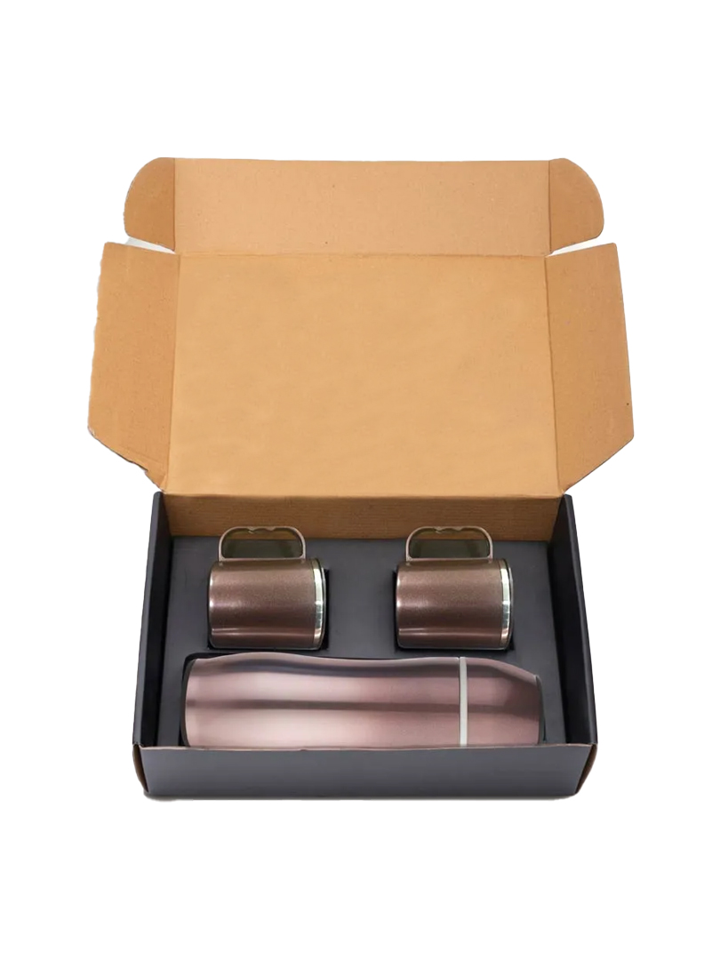 Set of Brown Bullet Vacuum Flask with 2 Stainless steel cups in Gift box | Metallic finish cups
