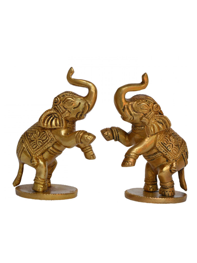 Aakrati Pair Yellow Small 4 inch Brass Cute Elephant Showpiece Multipurpose Use For Home or Office or Paper Weight