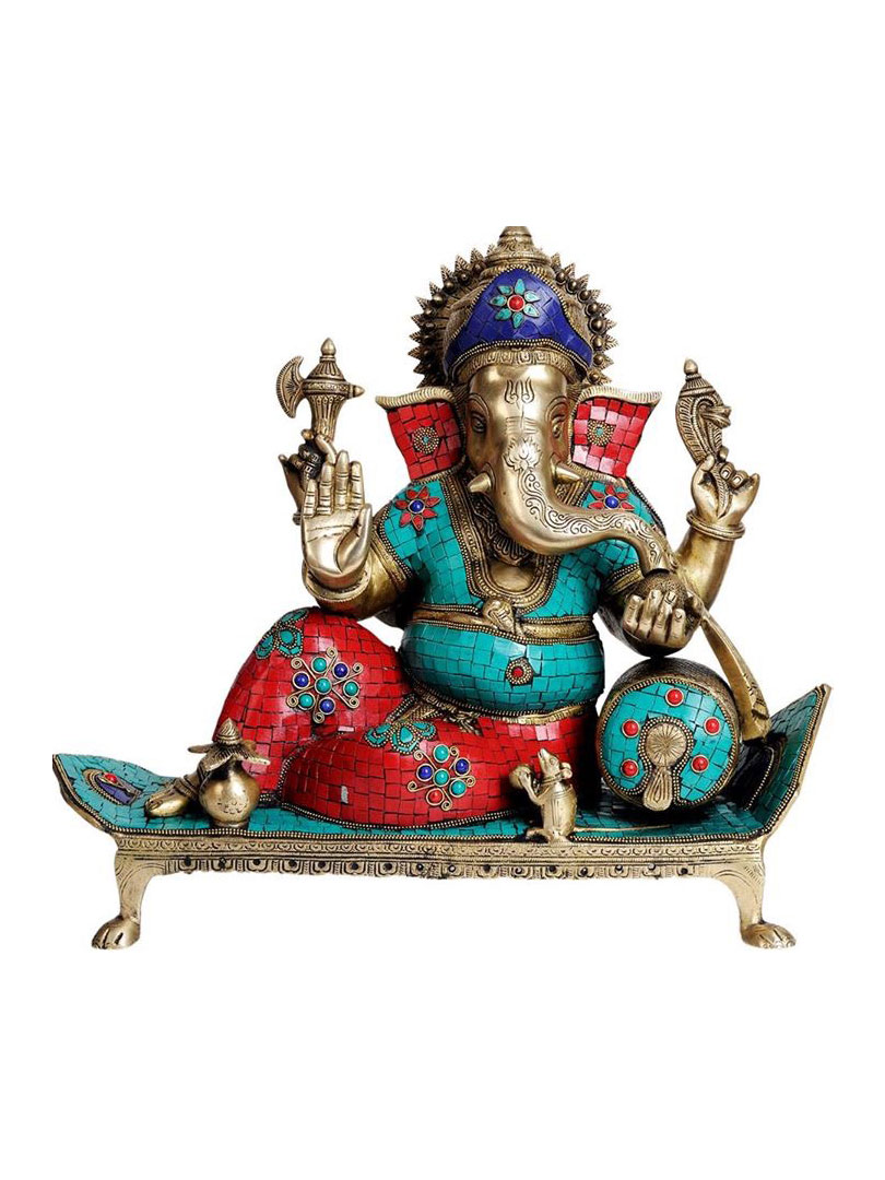 Sitting Lord Ganesha Brass Made Turquoise Work Statue