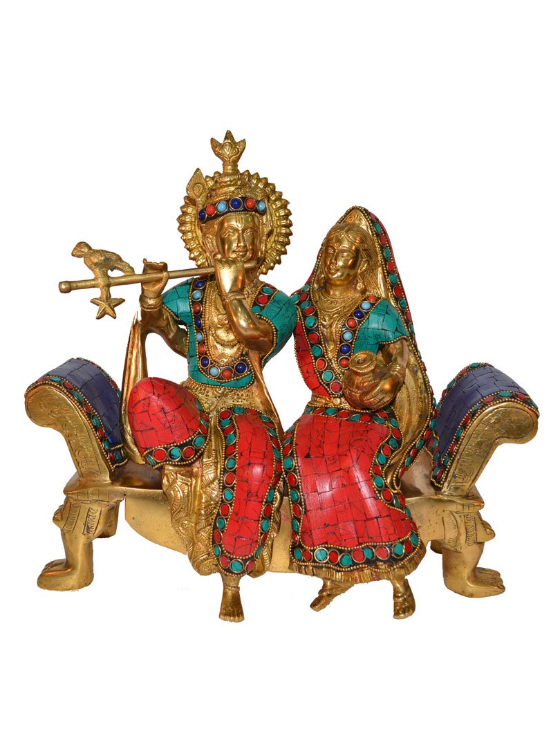 Radha Krishna Sitting On a Sofa Set with Turquoise Work