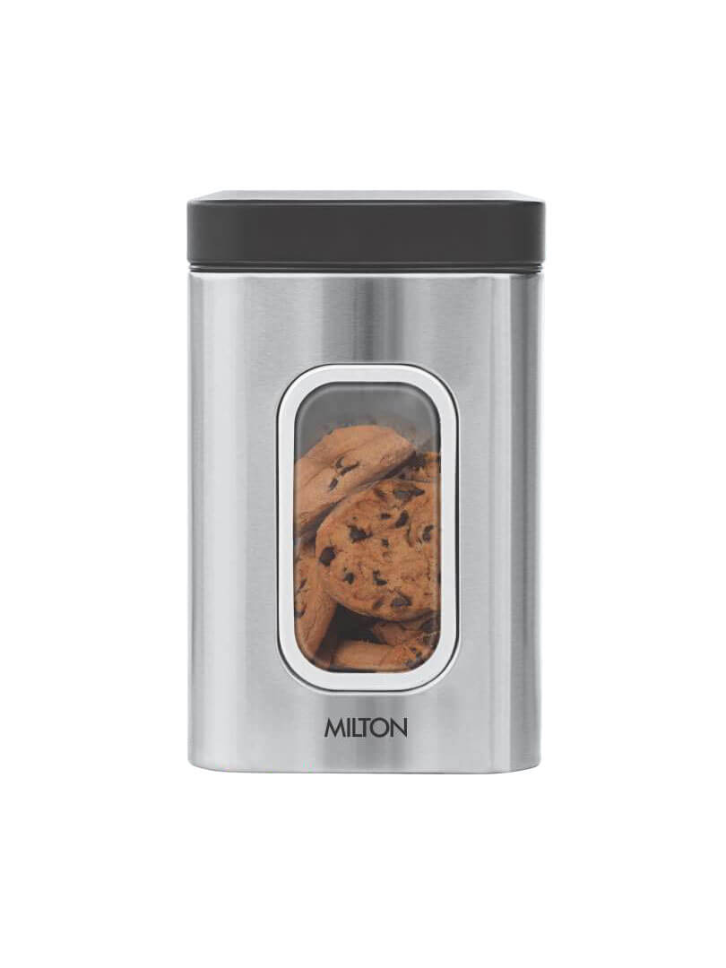 Milton Steel Clear Square Storage Jar, 1000 ml Steel Grocery Container