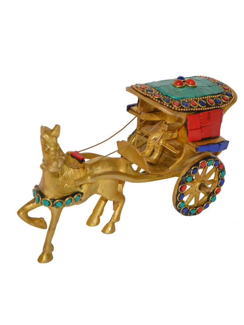 Aakrati Brass Horse Cart Handmade Antique Home Decoration Figurine Table Decoration Hotel Figurines Functional Replica with A Small Rider