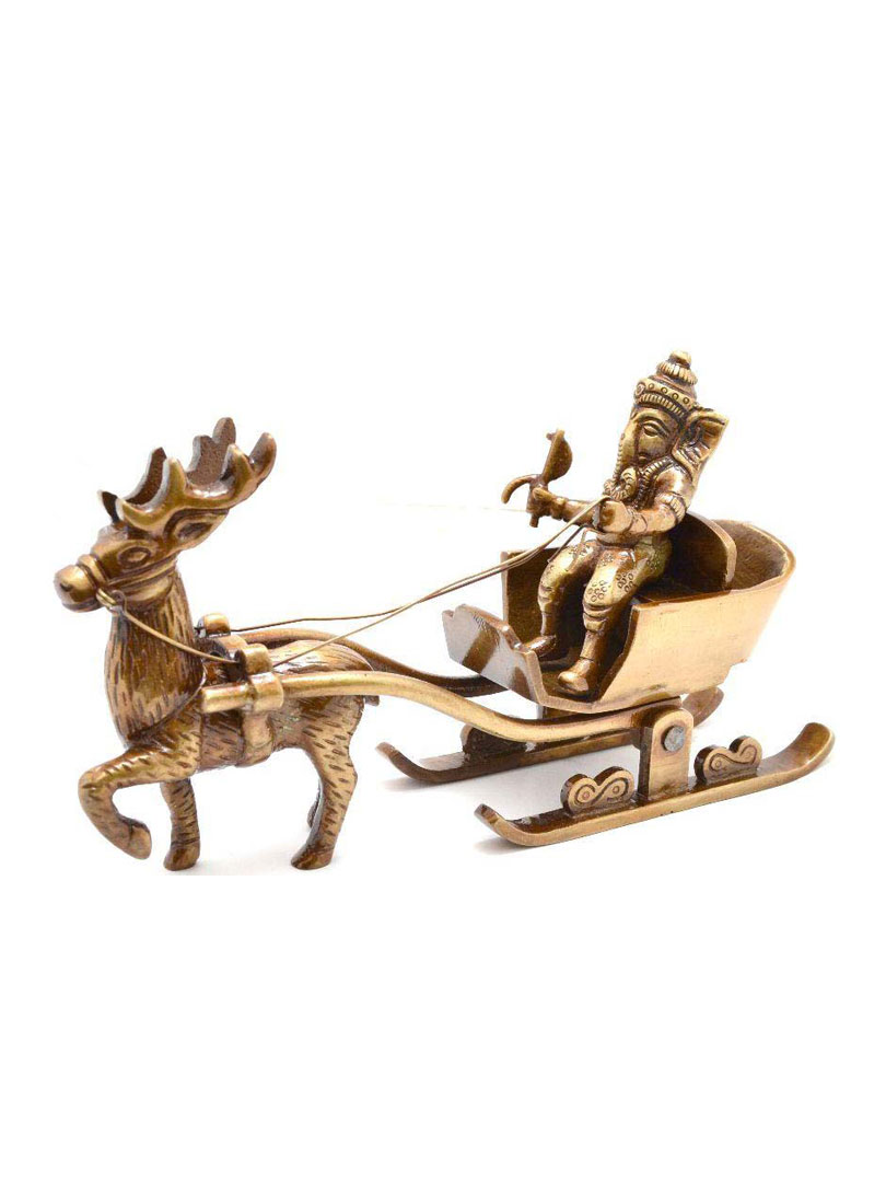 Ganesha's sleigh riding reindeer Brass Statue